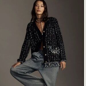 Anthropologie Black and Cream Fringe Cardigan